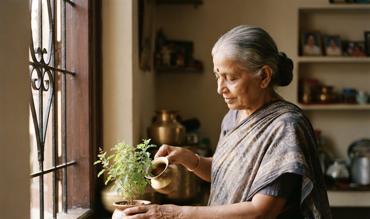 An Indian woman in her seventies watering the tulsi plant at her window in morning light.