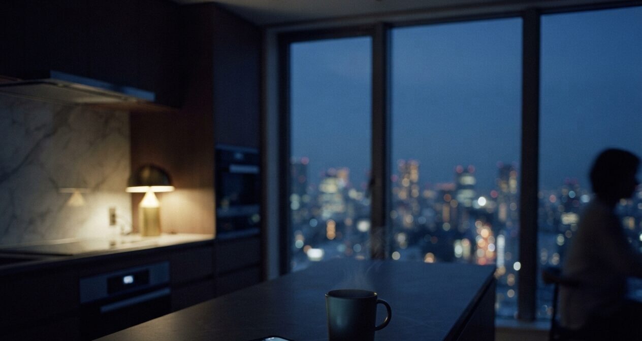 A kitchen at night in a far-away city, a phone waiting on the counter.